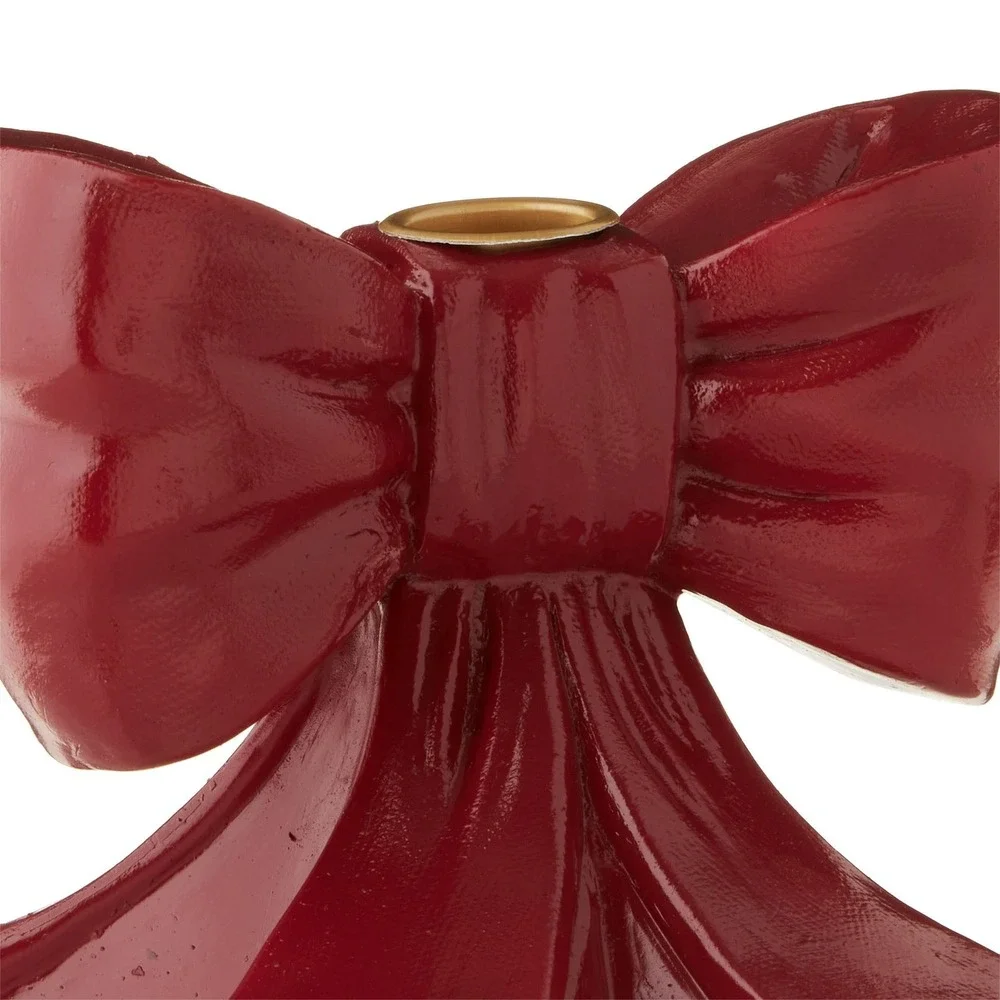 Red Resin Bow‎ Christmas Taper Candle Holder, 4.25